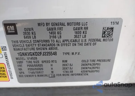 2015 Chevrolet Traverse 1Lt из США, поврежденный, VIN 1GNKVGKD2FJ225548